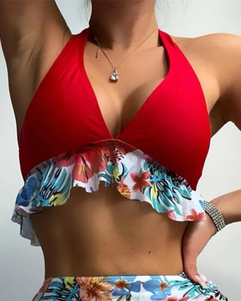 3PCS Tropical Print Ruffle Hem Bikini Set With Cover Up