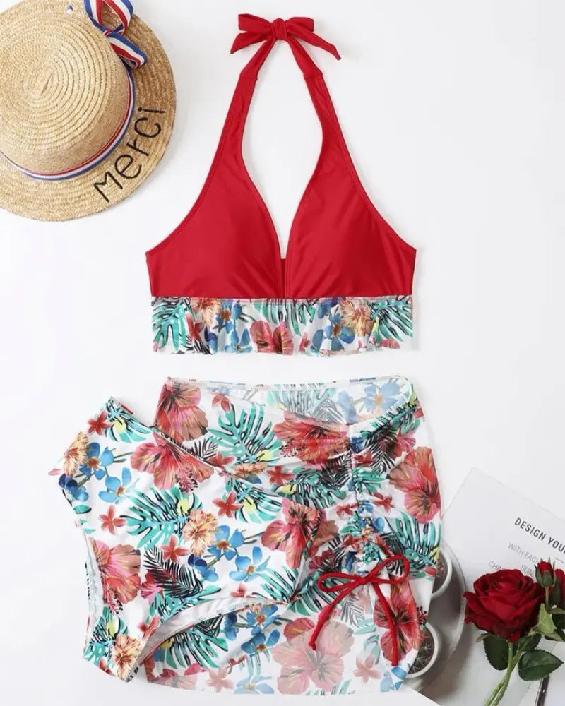 3PCS Tropical Print Ruffle Hem Bikini Set With Cover Up