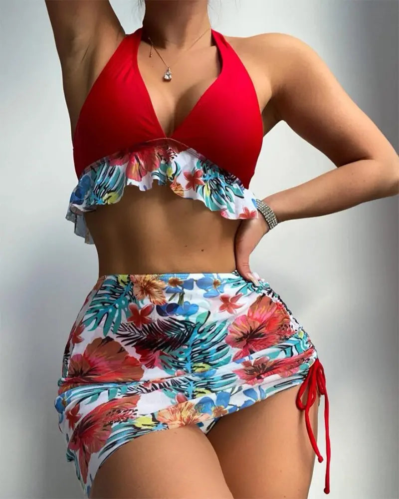 3PCS Tropical Print Ruffle Hem Bikini Set With Cover Up