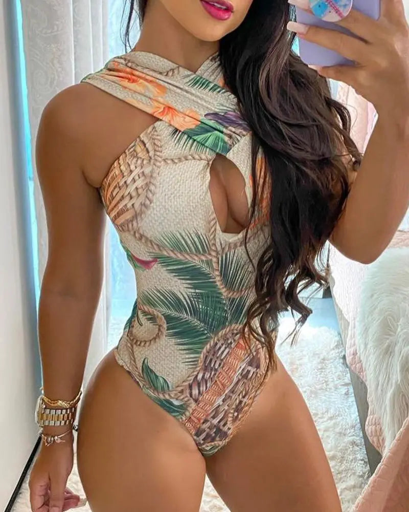 Halter Cutout Front Tropical Print One Piece Swimsuit