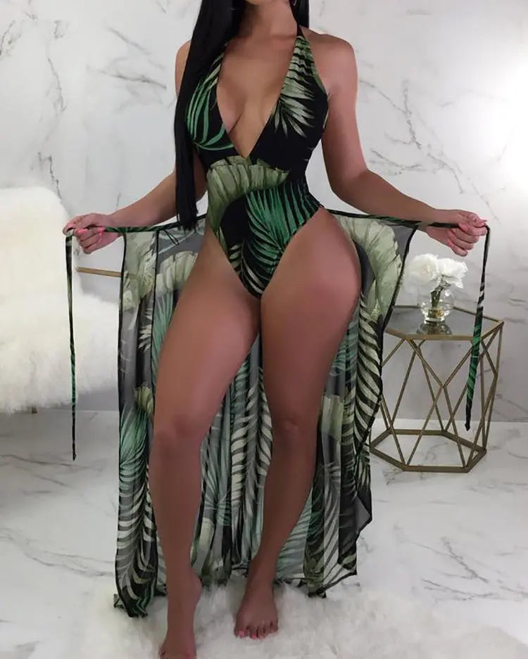 Tropical Print Backless One Piece Swimsuit With Cover Up