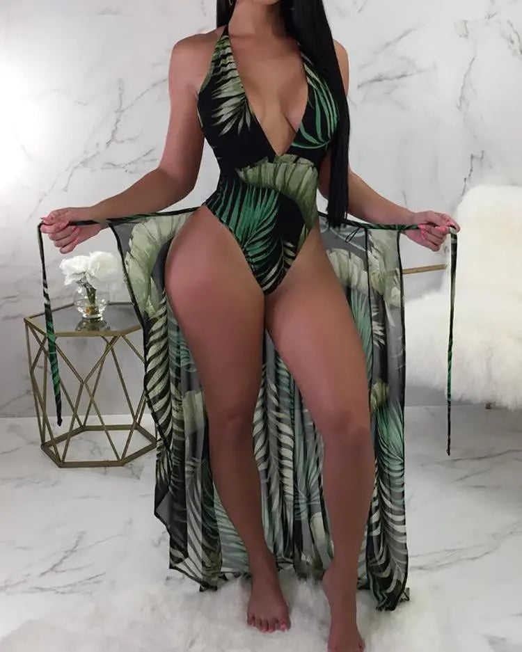 Tropical Print Backless One Piece Swimsuit With Cover Up