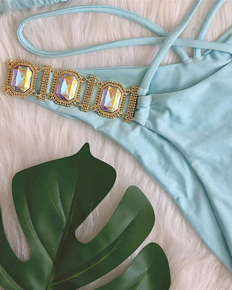 Gem Stone Halter Tied Detail Bikini Set