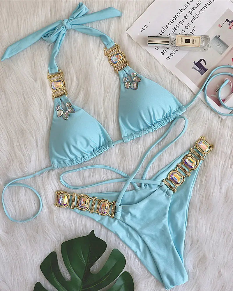 Gem Stone Halter Tied Detail Bikini Set